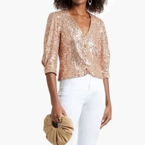 Maje Rose Gold Sequin Button Down Blouse Top Jacket Cardigan Metallic Size L/XL
